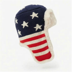 Knitted hat with American flag design on a white background