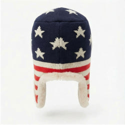 Knitted hat with American flag design on a white background
