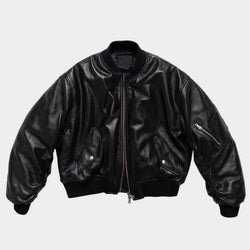 Black leather jacket on a light gray background