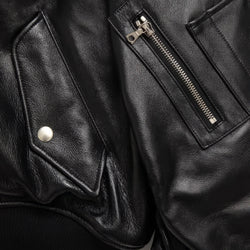Close-up of a black leather jacket with zippers and buttons.