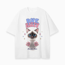 White t-shirt with a cat graphic and text on a white background