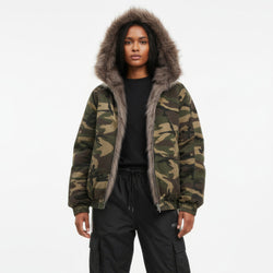 Person wearing a camouflage jacket with fur hood on a white background