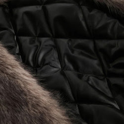 Close-up of a black quilted jacket with fur trim