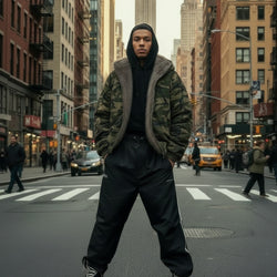 Person standing on a city street with tall buildings in the background