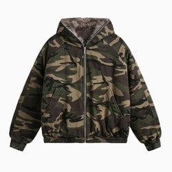Camouflage jacket with fur-lined hood on a white background