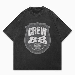 Black t-shirt with a graphic design on a white background