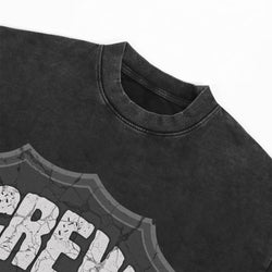 Black t-shirt with a graphic design on a white background