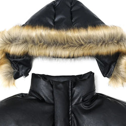 Black coat with a fur-lined hood on a white background