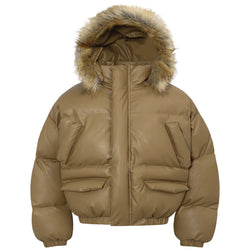 Brown puffer jacket with fur hood on a white background
