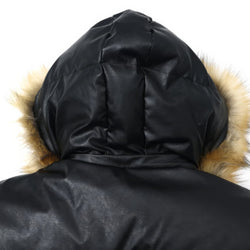 Black hooded jacket with fur trim on a white background