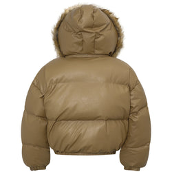 Brown puffer jacket with fur-lined hood on a white background