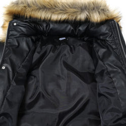 Close-up of a black jacket with a fur-lined hood on a white background