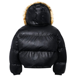 Black puffer jacket with brown fur hood on a white background