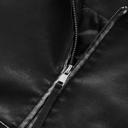 Close-up of a black leather jacket with a zipper