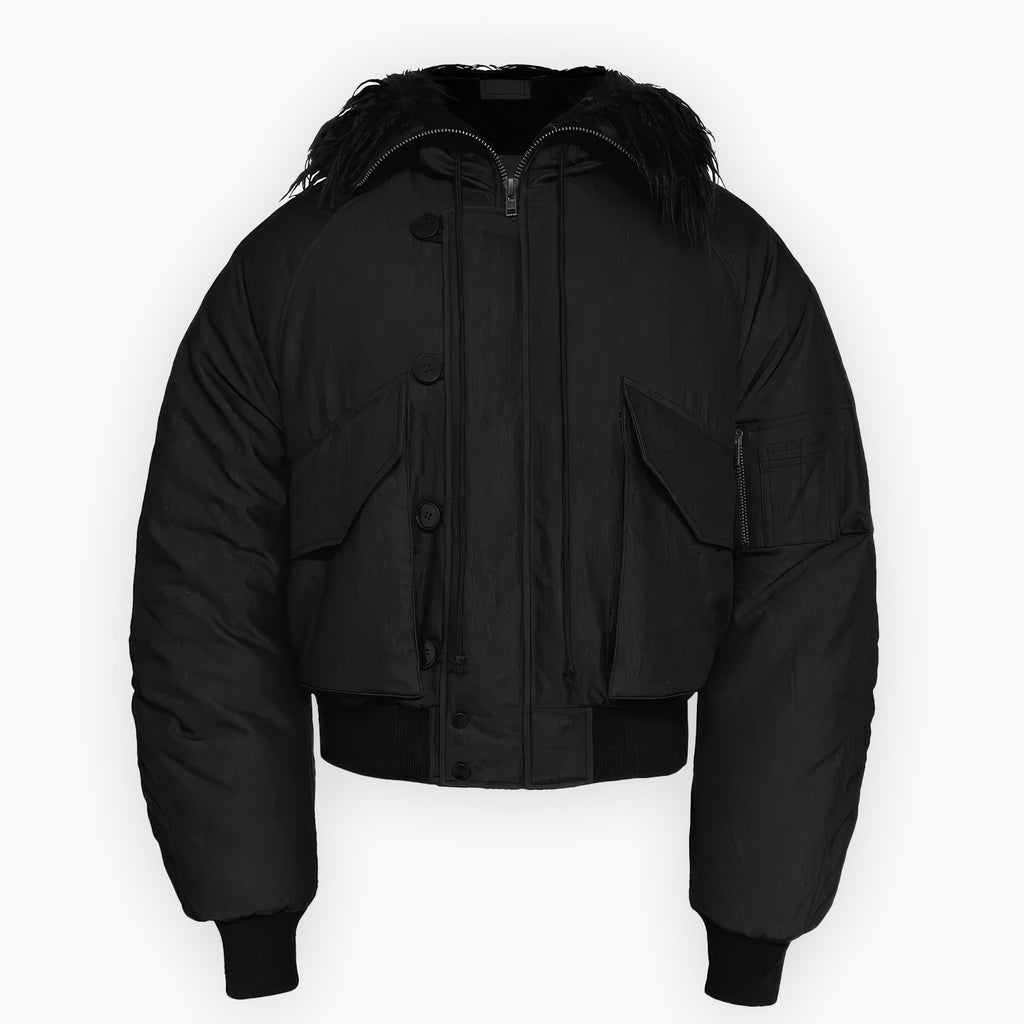 Fur Hooded Cropped Black Bomber Jacket – Pitchrad