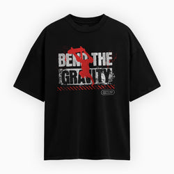 Black t-shirt with graphic design and text on a white background