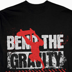 Black t-shirt with red and white graphic design featuring a silhouette and text.