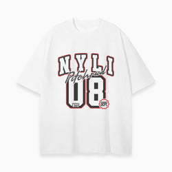 White t-shirt with black and red text and graphics on a white background