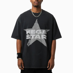 Person wearing a black t-shirt with &