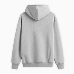 Gray hoodie shown from the back on a white background