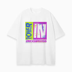 White t-shirt with colorful graphic design on a white background