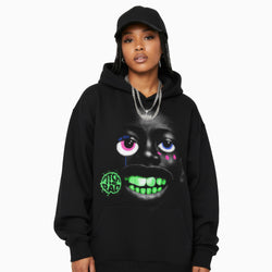 Person wearing a black hoodie with a graphic design on a white background