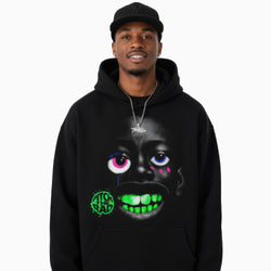 Person wearing a black hoodie with a graphic design on a white background