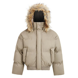 Beige winter jacket with fur-lined hood on a white background