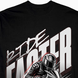 Black t-shirt with a graphic of a person in a racing suit and helmet, and the text &