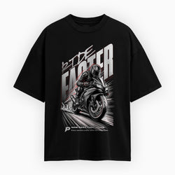 Black t-shirt with a motorcycle graphic and text on a white background