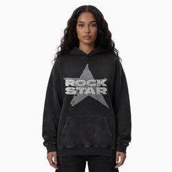 Person wearing a black hoodie with &