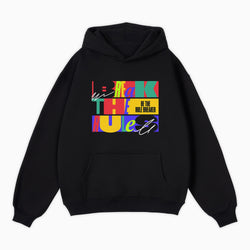 Black hoodie with colorful text design on a white background