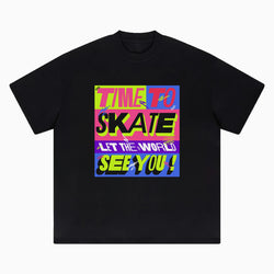 Black t-shirt with colorful graphic text on a white background