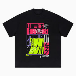 Black t-shirt with colorful graphic design and text on a white background