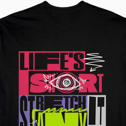 Black t-shirt with colorful graphic design featuring text and abstract shapes.