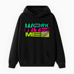 Black hoodie with colorful text design on a white background