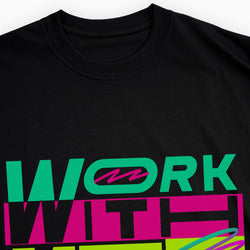 Black t-shirt with colorful text design on a white background