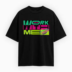 Black t-shirt with colorful text design on a white background