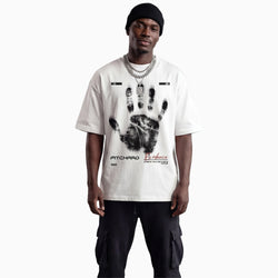 Graphic tee pitchrad model wears a white tee.