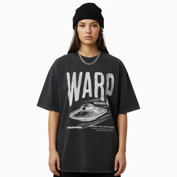 Person wearing a black t-shirt with &