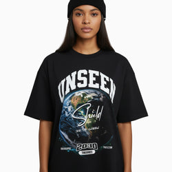 Person wearing a black t-shirt with &