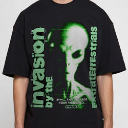 Black t-shirt with alien graphic and text &