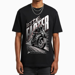 Black t-shirt with a motorcycle graphic and text on a white background